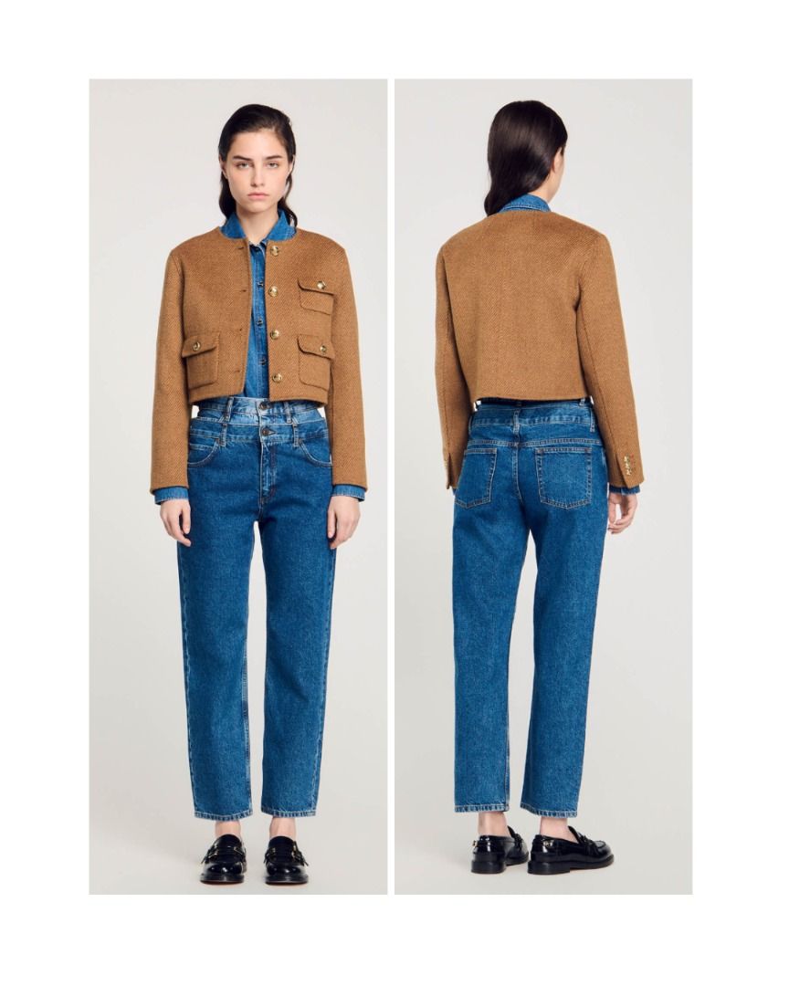 SANDRO | Cropped button-down jacket (Category: Coats, Jackets and Outerwear) located in Singapore. Submitted by lemslime_ (Listing ID 1326520984, Image 2). Description: 💫 Authentic, read our profile 📬Free Tracked Mail 💌Check out our IG for more @lemonsandlimes_boutique SANDRO | Retail: $ 670 | 100% Authentic with label Product Details Short double-breasted jacket with long sleeves, round neck, button fastening and patch pockets with buttoned f