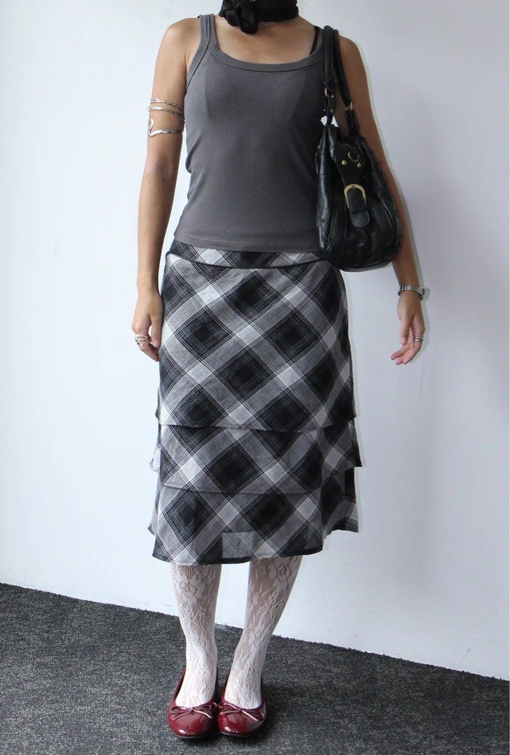 Vintage 90s Checkered Pencil Office Skirt Wolf Grey