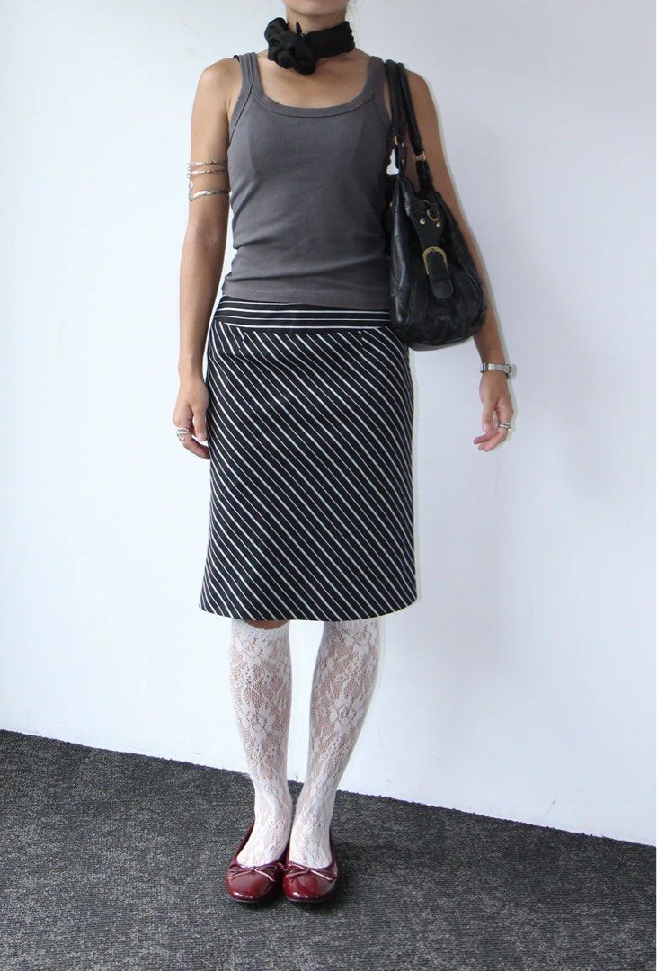 Vintage 90s Striped Pencil Office Skirt Wolf Grey