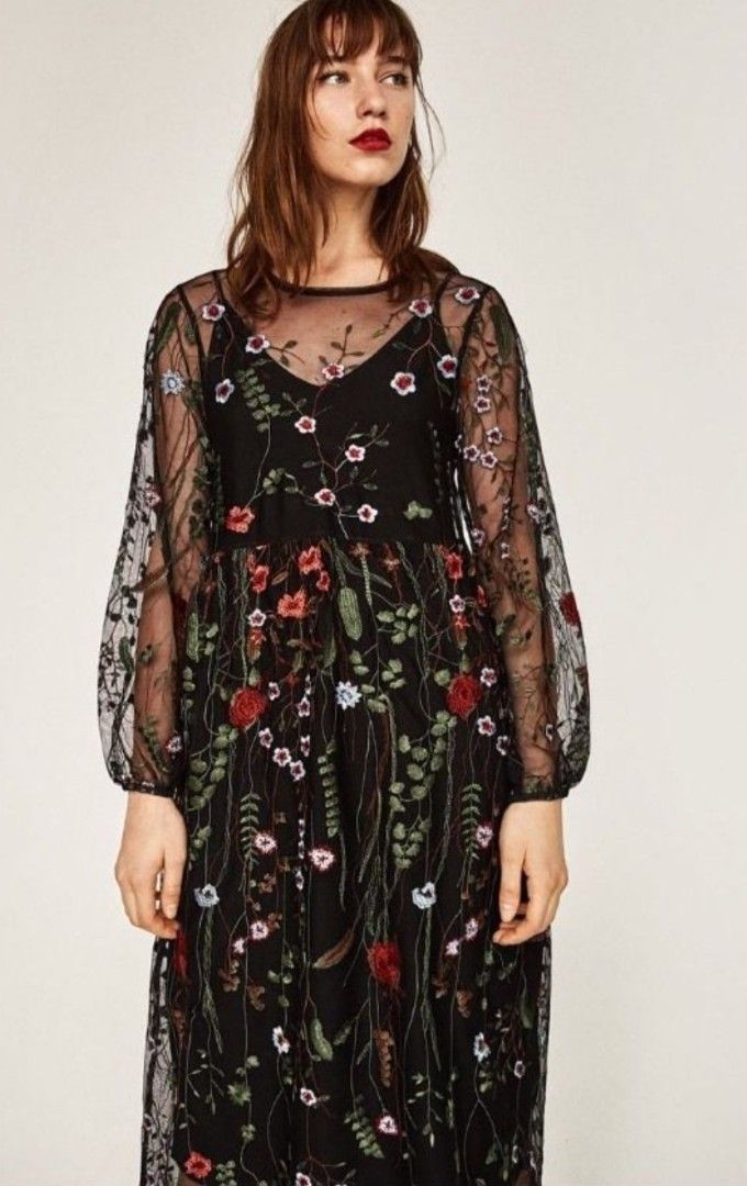 Zara Floral Embroidered Mesh Midi Dress SMALL MEDIUM Women s Fashion Dresses Sets Dresses on Carousell
