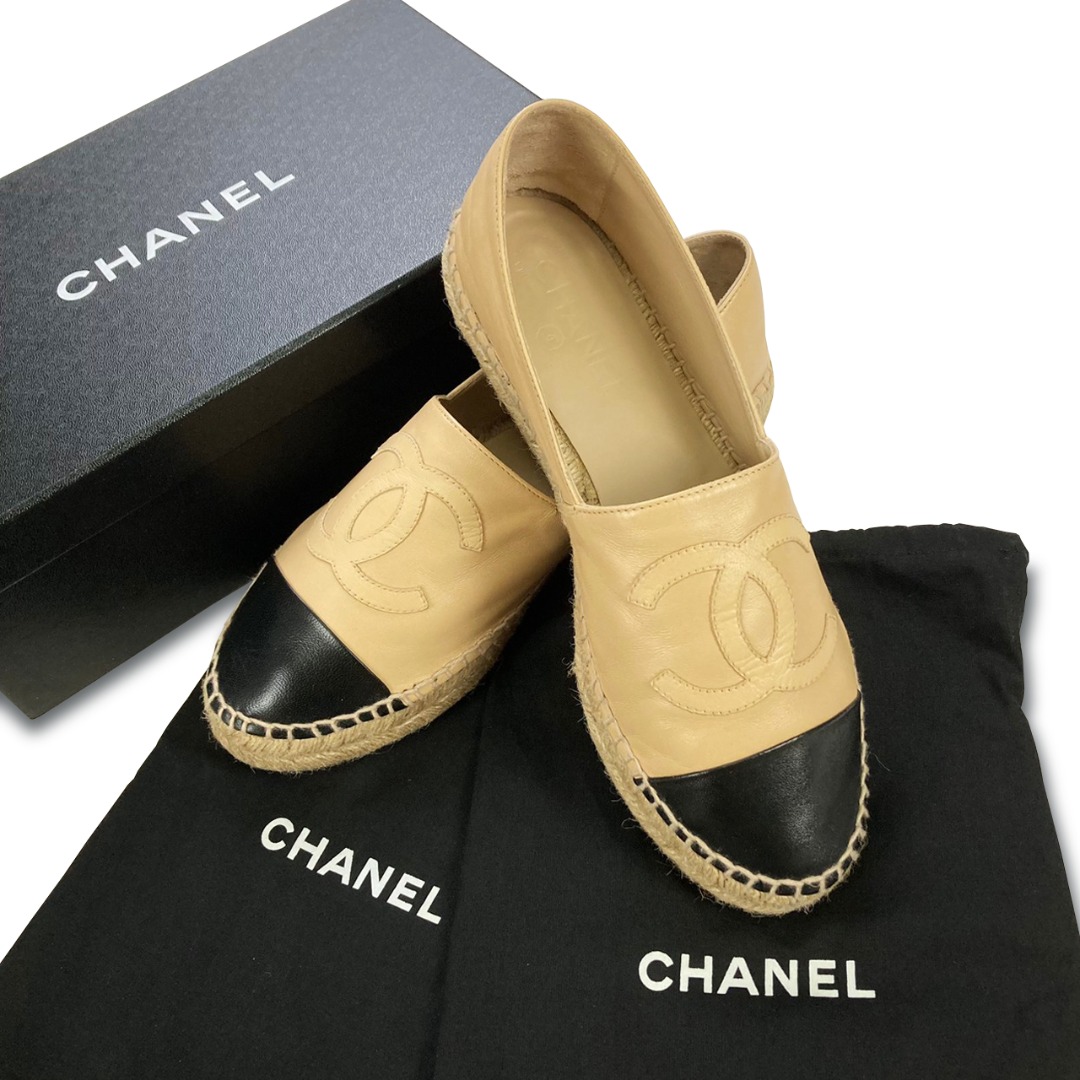 極新品] Chanel 香奈兒Espadrilles Beige Black 經典小羊皮平底草編