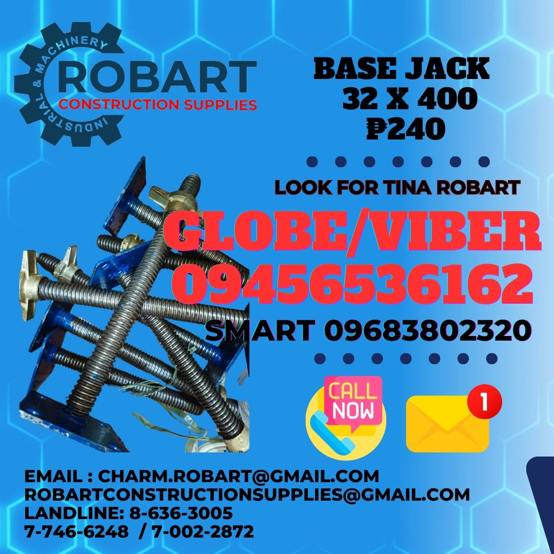 Base jack 32 x 400 (Category: Construction & Building Materials) located in Manila. Submitted by tina.sales (Listing ID 1326692116, Image 1). Description: Base jack 32 x 400 𝑹𝑶𝑩𝑨𝑹𝑻 𝑪𝑶𝑵𝑺𝑻𝑹𝑼𝑪𝑻𝑰𝑶𝑵 𝑺𝑼𝑷𝑷𝑳𝑰𝑬𝑺 𝑶𝒇𝒇𝒊𝒄𝒆 𝑨𝒅𝒅𝒓𝒆𝒔𝒔: 𝟏𝟒𝟎𝟓 𝒀𝒖𝒔𝒆𝒄𝒐 𝑺𝒕. 𝑺𝒕𝒂 𝑪𝒓𝒖𝒛 𝑴𝒂𝒏𝒊𝒍𝒂 𝑺𝑬𝑵𝑫 𝑼𝑺 𝑴𝑬𝑺𝑺𝑨𝑮𝑬 𝑭𝑶𝑹 𝑰𝑵𝑸𝑼𝑰𝑹𝑰𝑬𝑺 ‼️ ‼️ 𝑮𝒍𝒃𝒆 - (𝟢𝟫𝟒𝟓-𝟔𝟓𝟑-𝟔𝟏𝟔𝟐) 𝑻.𝑴. - (𝟢𝟫𝟔𝟖-𝟑𝟖𝟎-𝟐𝟑𝟐𝟎) 