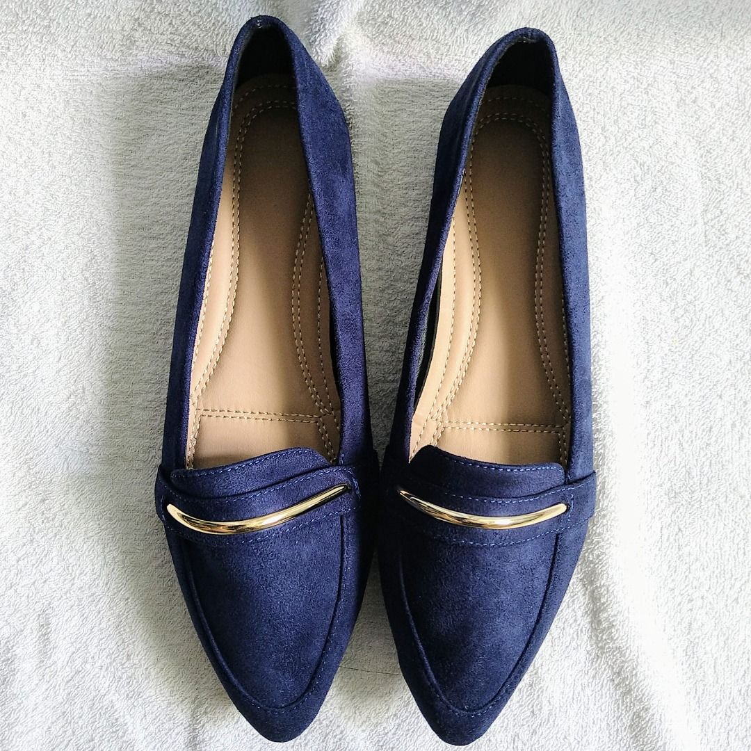 Dark Navy Blue with Gold accent Pointed Toe Loafer Shoes with cushioned pad soles Women s Fashion Footwear Flats on Carousell