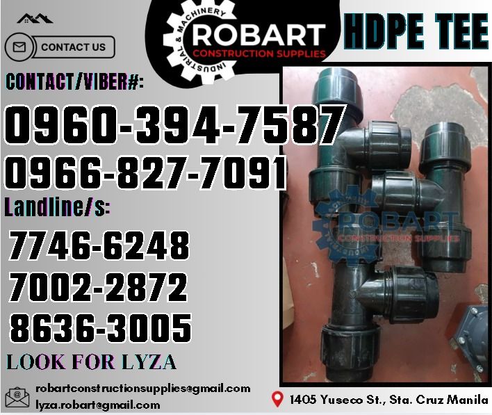 HDPE Tee (Category: Construction Tools & Equipment) located in Manila. Submitted by lyzarobart11 (Listing ID 1326722462, Image 1). Description: HDPE Tee Size: 2" 𝑹𝑶𝑩𝑨𝑹𝑻 𝑪𝑶𝑵𝑺𝑻𝑹𝑼𝑪𝑻𝑰𝑶𝑵 𝑺𝑼𝑷𝑷𝑳𝑰𝑬𝑺 𝒪𝒻𝒻𝒾𝒸𝑒 𝒜𝒹𝒹𝓇𝑒𝓈𝓈: 𝟣𝟦𝟢𝟧 𝒴𝓊𝓈𝑒𝒸𝑜 𝒮𝓉. 𝒮𝓉𝒶 𝒞𝓇𝓊𝓏 𝑀𝒶𝓃𝒾𝓁𝒶 ꜱᴇɴᴅ ᴜꜱ ᴍᴇꜱꜱᴀɢᴇ ꜰᴏʀ ɪɴQᴜɪʀɪᴇꜱ ‼️ ‼️ ɢʟᴏʙᴇ: (0966-827-7091) ꜱᴍʀᴛ - (0960-394-7587) ᴠɪʙʀ - (0960-394-7587) ʟᴀɴᴅʟɪɴᴇ: (8636-ʟᴏᴏᴋ ꜰᴏʀ ʟʏᴢᴀ -8005 ʟᴏᴏᴋ ꜰ