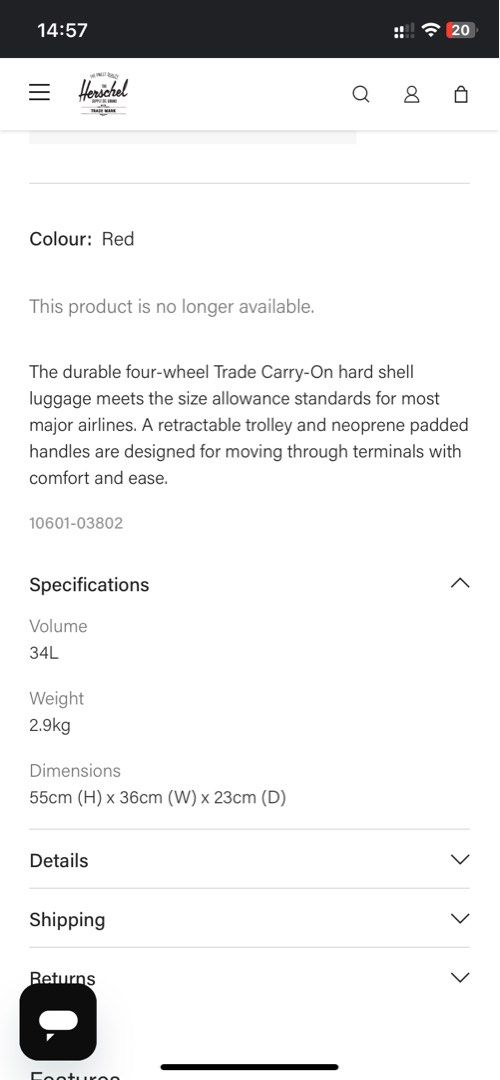 Herschel Trade Luggage (Category: Luggage) located in Makati City. Submitted by ecgem (Listing ID 1326729788, Image 2). Description: Herschel Trade Luggage Carry on Luggage 34L Red color Weight: 2.9 kg Dimensions: 55cm (H) x 36cm (W) x 23cm (D) Minor flaws: Some minute scratches Yung 2 front wheels medyo dragging na but still spinning/rotating No history of repairs whatsoever Decluttering Meet up: Market-Market Sat-Sun Shipping at buyer’s expense