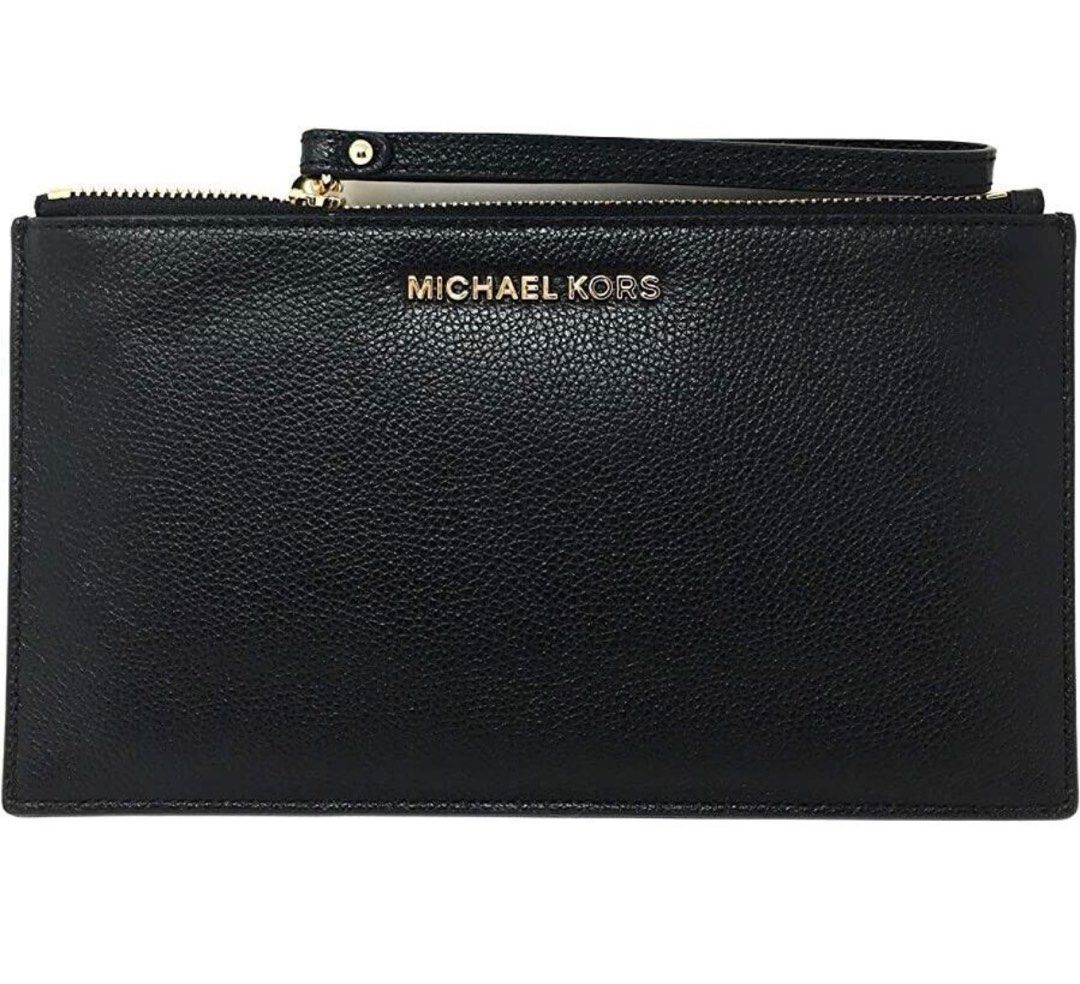MK Michael Kors Jet Set Large Zip Clutch Wristlet Bag Black Pebble