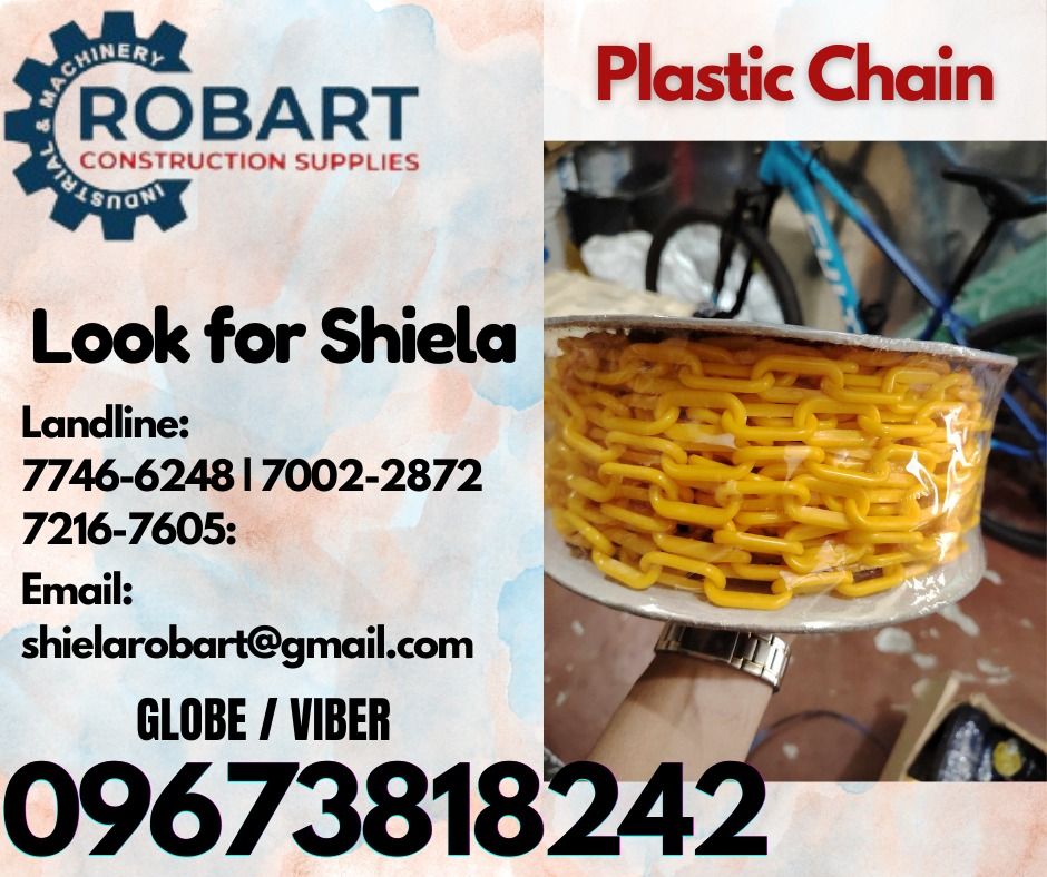 Plastic Chain (Category: Construction Tools & Equipment) located in Caloocan City. Submitted by shielaroba44709 (Listing ID 1326724498, Image 1). Description: Plastic Chain 6mm x 25mtrs Color: Yellow Alum Flexible Air Duct 4" x 10m 𝑹𝑶𝑩𝑨𝑹𝑻 𝑪𝑶𝑵𝑺𝑻𝑹𝑼𝑪𝑻𝑰𝑶𝑵 𝑺𝑼𝑷𝑷𝑳𝑰𝑬𝑺 Office Address: 1405 Yuseco St. Sta Cruz Manila SEND US MESSAGE FOR INQUIRIES ‼️ ‼️ Call: 09673818242 / 09662708845 Vibr - (09673818242) Landline: (𝟩𝟩𝟦𝟨-𝟨𝟤𝟦