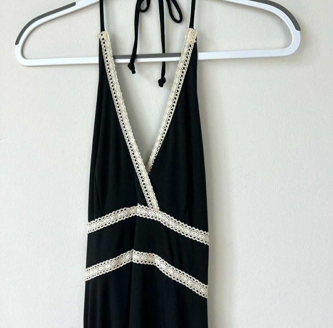 True Vintage 90s Y2k Iz Byer Slinky Black Crochet Trim Island Girl Halter Dress Women s Fashion Dresses Sets Dresses on Carousell