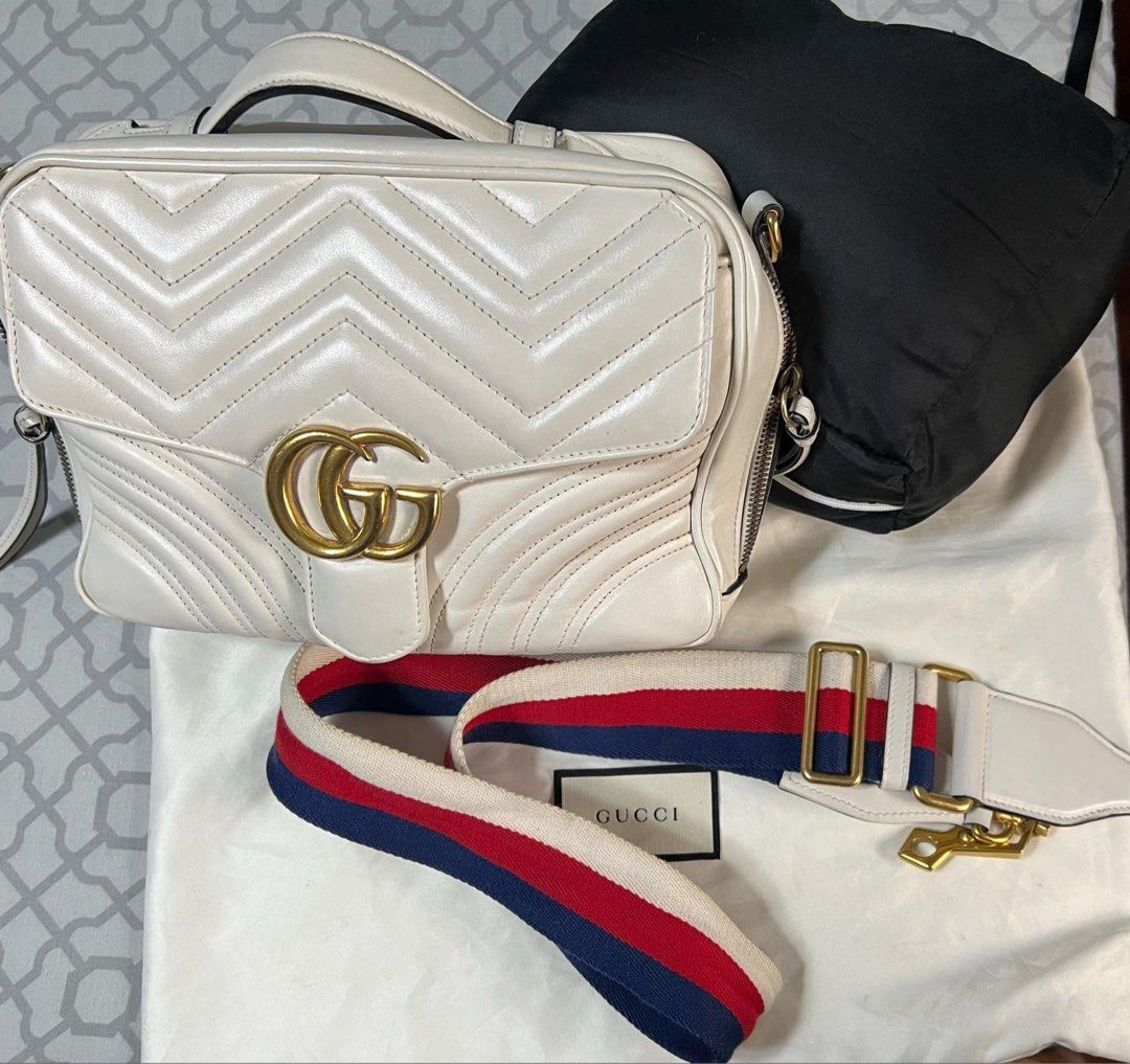 White Gucci Marmont with canvas strap and dust bag Women s Fashion Bags Wallets Shoulder Bags on Carousell