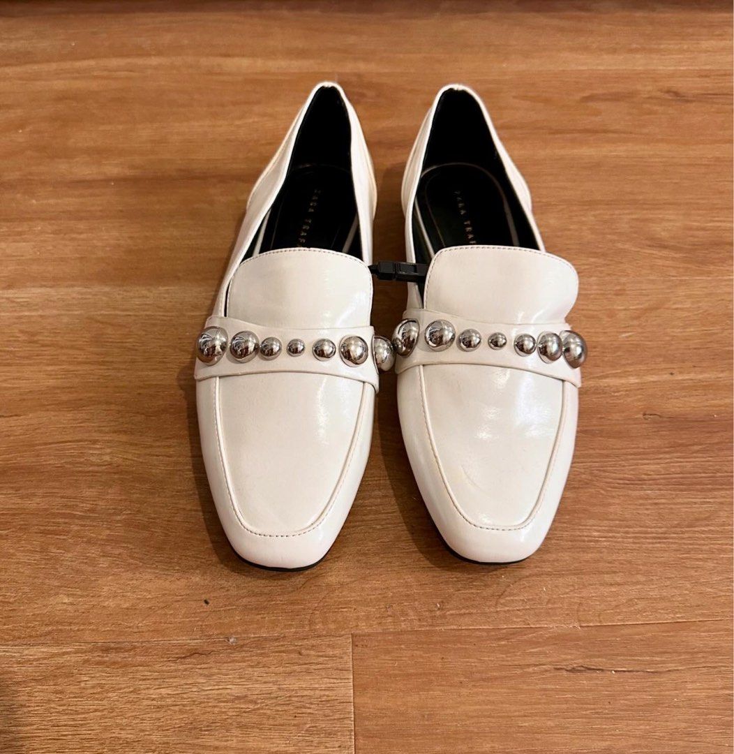 Zara White Studded Loafers Women s Fashion Footwear Loafers on Carousell