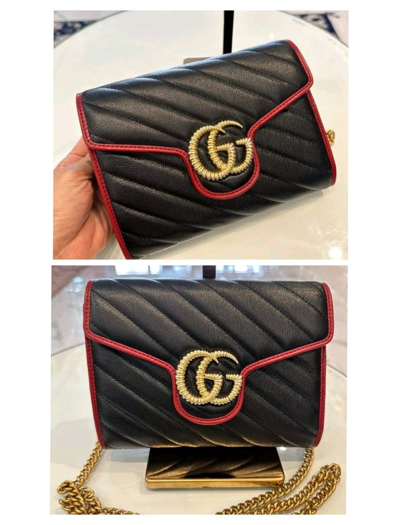 Gucci Black Red Diagonal Quilt Leather GG Marmont Torchon Wallet on Chain