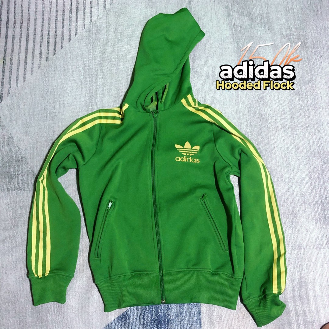 Adidas Hooded Flock Hoodie Fesyen Pria Pakaian Baju Luaran di Carousell