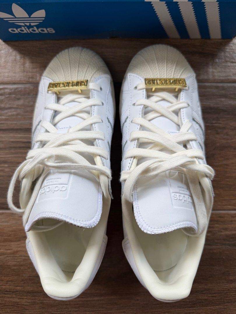 Authentic ADIDAS ORIGINALS Superstar Full Grain Leather Rare With Embossed Adidas Logo and Gold Badge in White Unisex Sneakers 3 Stripes Super Star Luxury Sneakers Footwear on Carousell
