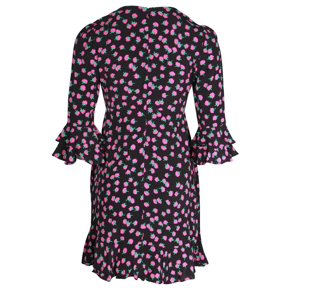BN Diane Von Furstenberg DvF Elly Two Dress Black with Berry Black print Ruffle Trim sleeves Side Pockets