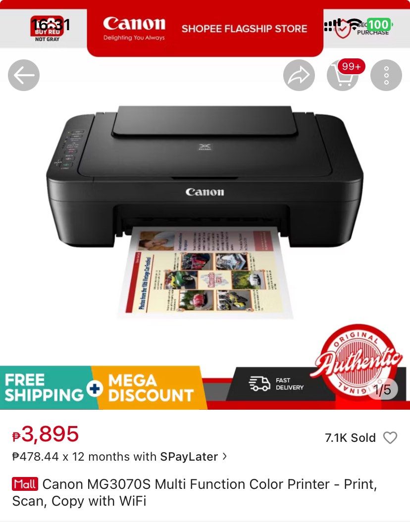 Canon Pixma MG2570S (Category: Printers, Scanners & Copiers) located in Makati City. Submitted by ecgem (Listing ID 1326951319, Image 1). Description: Canon Pixma 2570S Print, photocopy and scan Used and in good condition No history of repairs whatsoever No issues, kailangan lang palitan ng ink kasi naaubos na po You can have both cartridge din po No more box but will provide other box as container once bibilhin na po. Negotiable Shipping at buye
