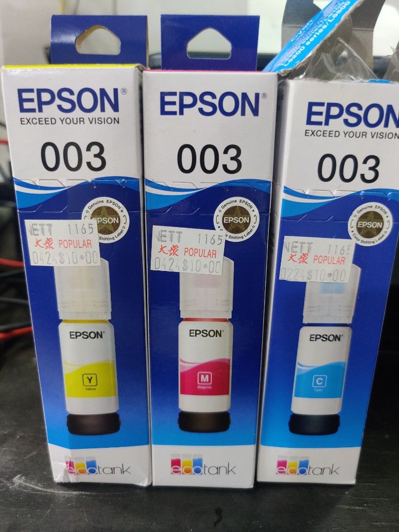 Epson Printer Ink (Category: Printers, Scanners & Copiers) located in Singapore. Submitted by hwangshoppe (Listing ID 1326864721, Image 1). Description: Epson 003 ink. 3 colours. brand new from popular. Blue ink spilled a little but still full..