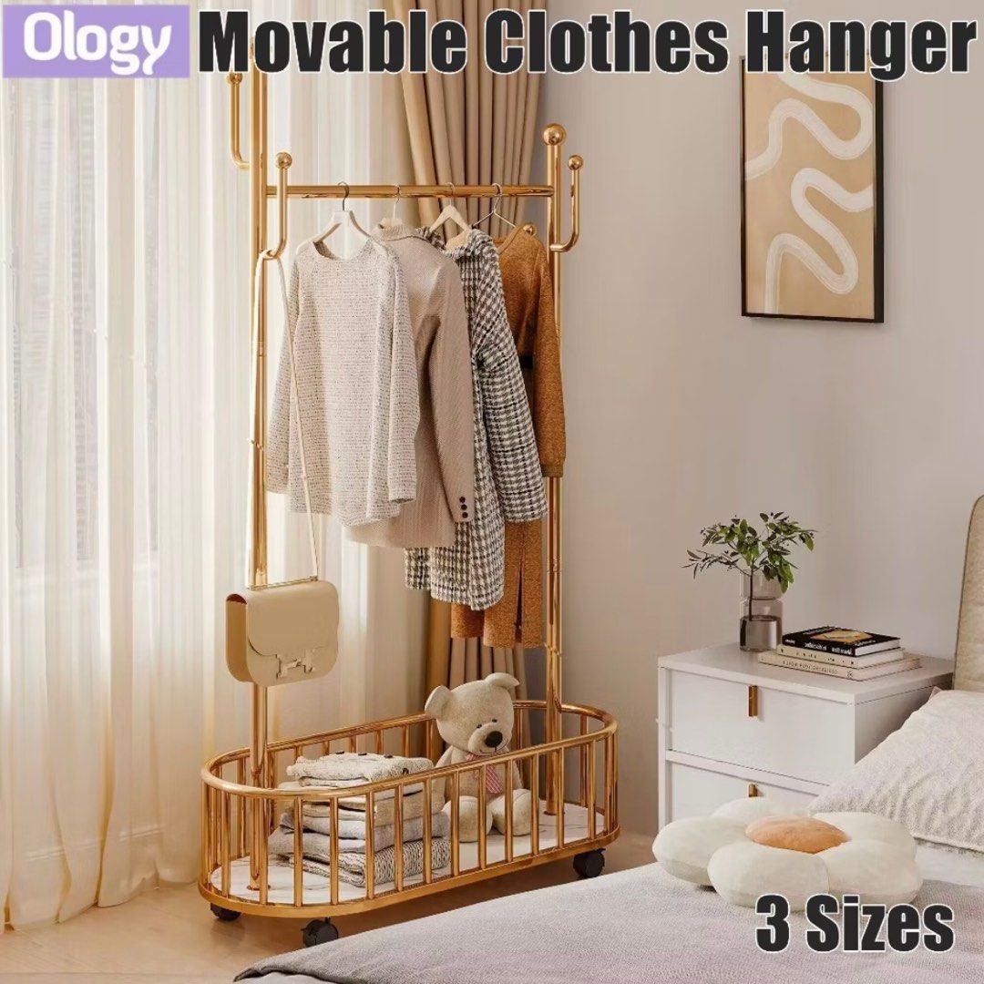 Movable Clothes Hanger with Wheels Drying Coat Rack Clothes Hanging Bar Clothes Hanging