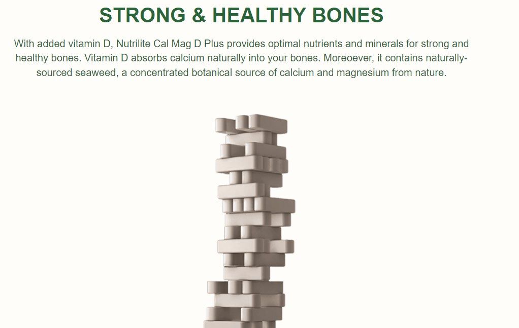Nutrilite Cal Mag D Plus (Category: Vitamins & Supplements) located in Singapore. Submitted by zoegoh (Listing ID 1326882807, Image 3). Description: NUTRILITE Cal Mag D Plus provides optimal nutrients and minerals for stronger and healthy bones, thanks to a formula with added vitamin D. Cal Mag D Plus fills the constant gap between the calcium you need and the calcium you take on a daily basis..