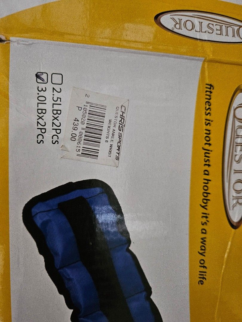 Questor Ankle Weights 3 lbs (Category: Weights & Dumbbells) located in Paranaque City. Submitted by stay_sy (Listing ID 1326931151, Image 1). Description: Used only twice. Good as new. FIXED price na po. payment thru bdo/gcash. pickup/delivery payment and arrangements c/o buyer. location : Armstrong Ave. moonwalk Village Phase 2 Paranaque City. near Janmig carwash. no shipping..