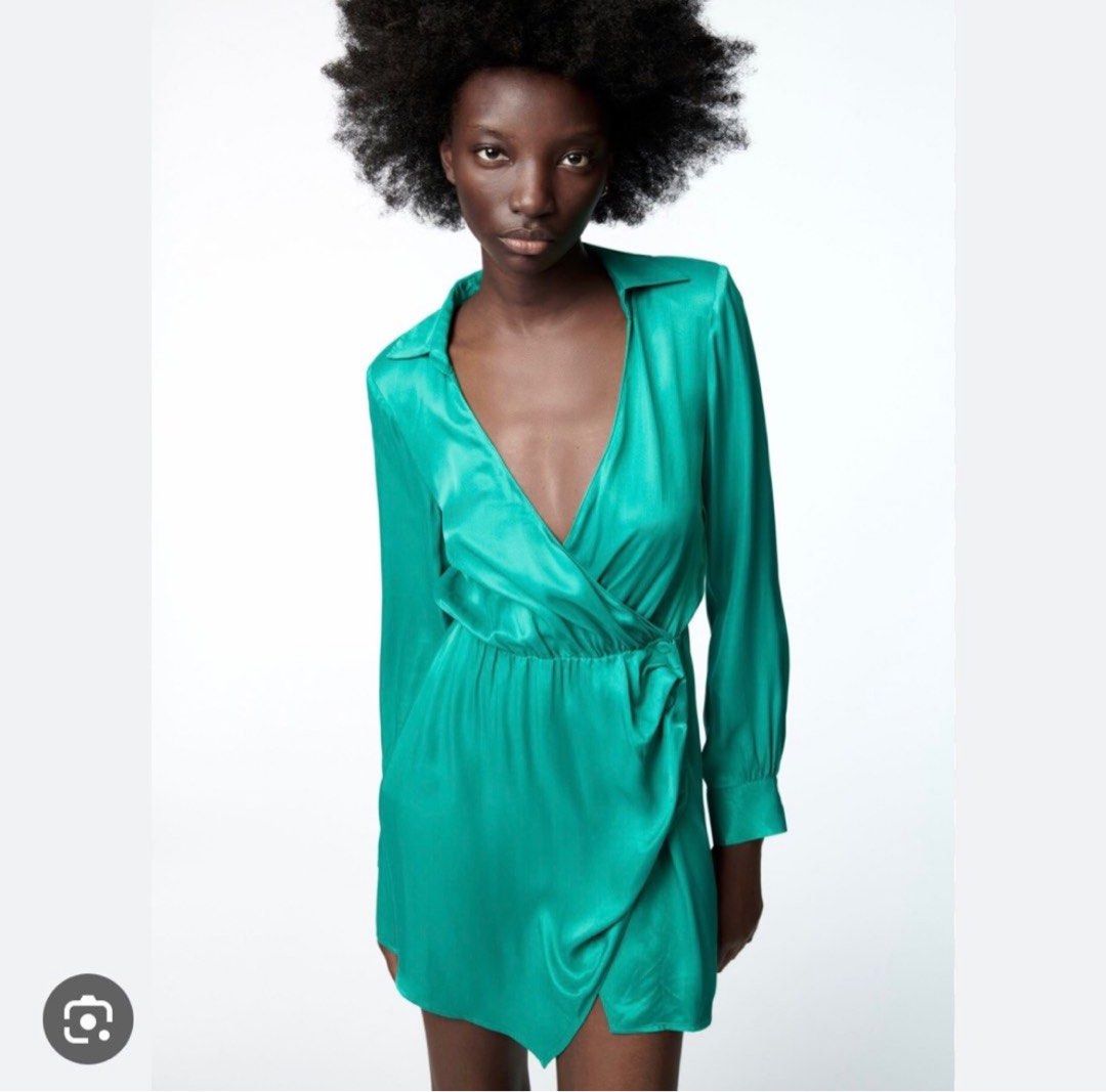 Zara green satin viscose mini shirt dress wrap style Women s Fashion Dresses Sets Dresses on Carousell