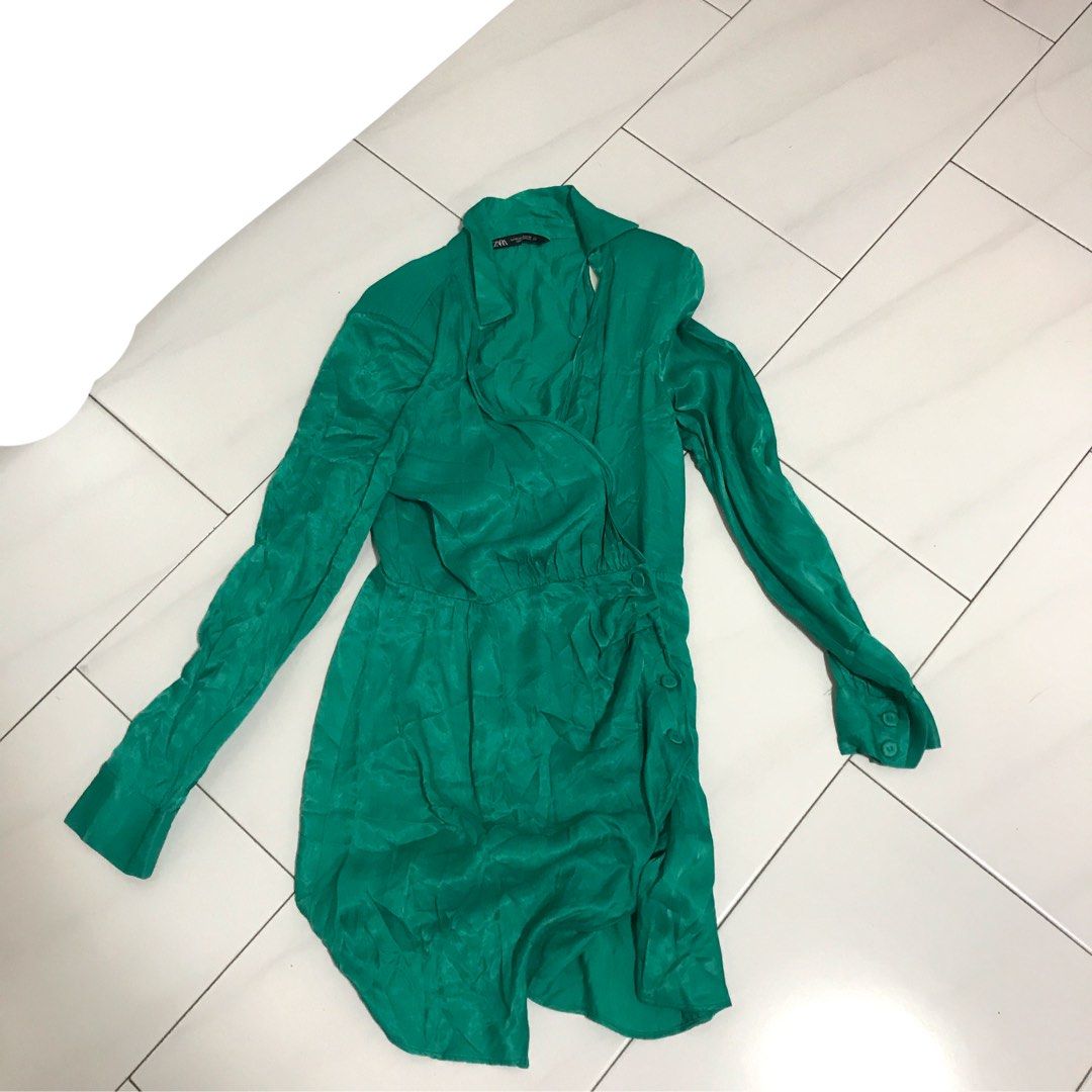 green zara shirt dress Zara Women's Green Long Sleeve Collared Tiered A Line Shirt Mini Dress Size  S main image 1