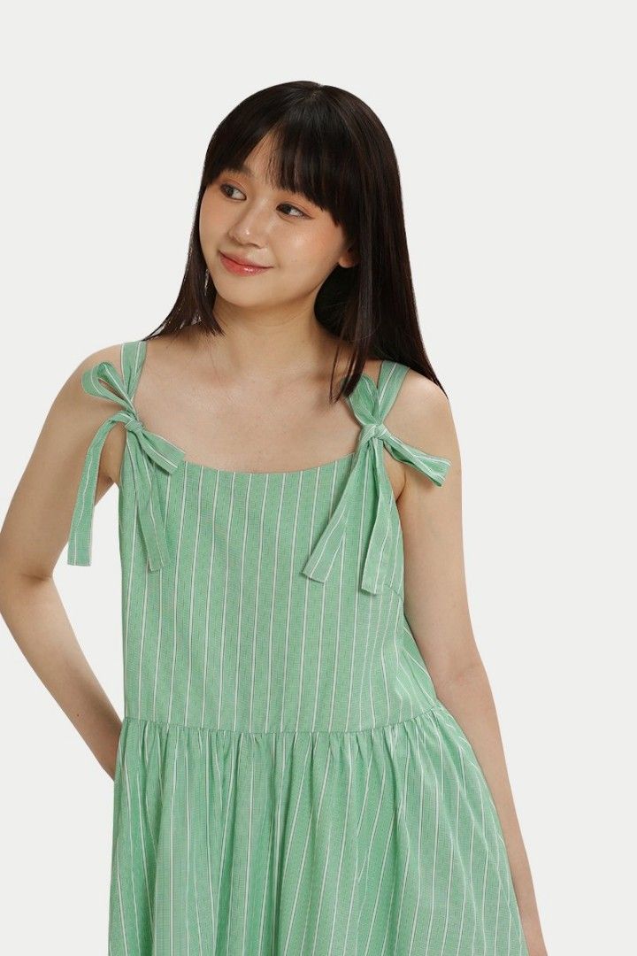 Aforarcade MILLER RIBBON STRAP MIDI DRESS IN GREEN STRIPE Women s Fashion Dresses Sets Dresses on Carousell
