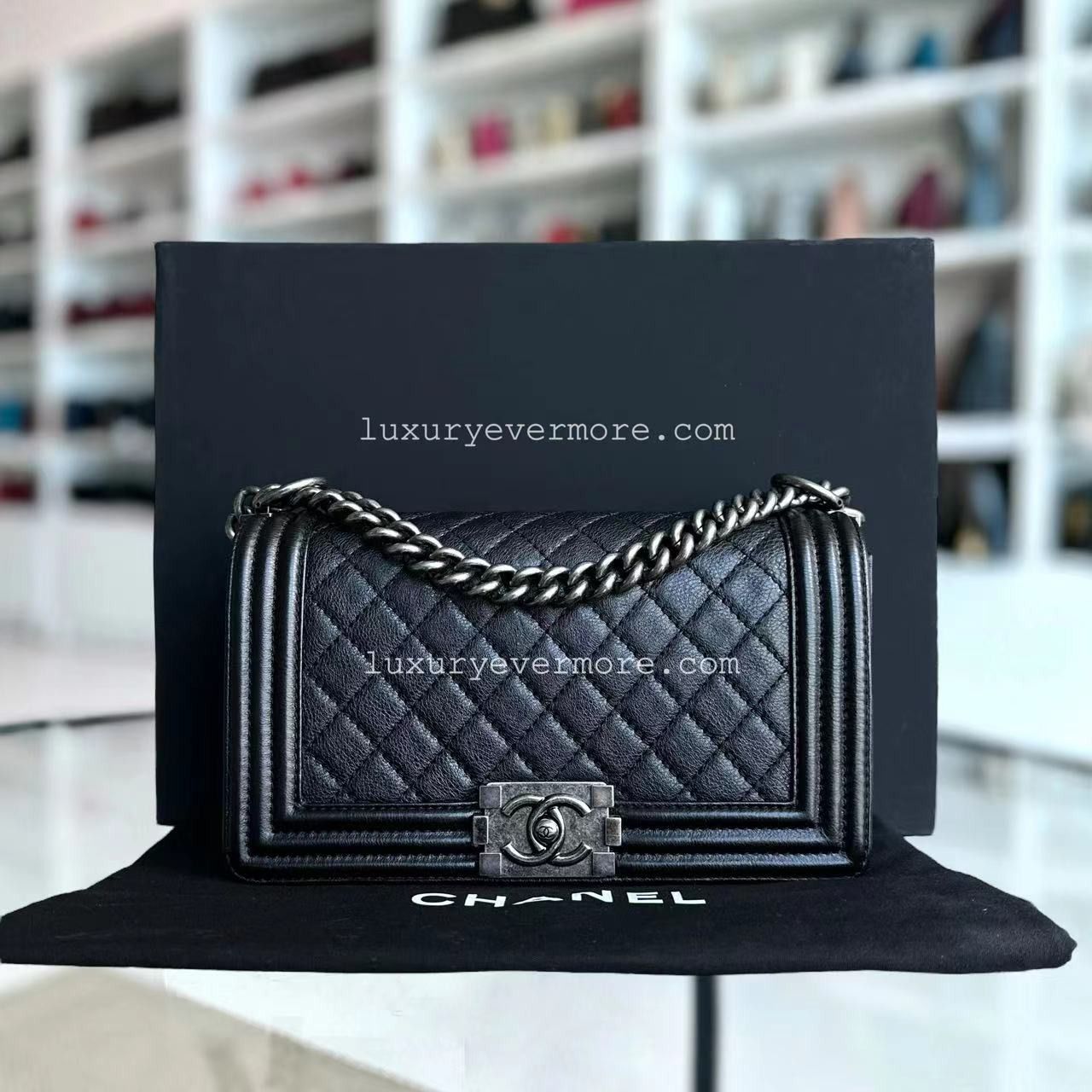Chanel Calfskin Boy Old Medium 25CM Medium Quilted Black Ruthenium Silver Hardware Series 18 Luxury Bags Wallets on Carousell