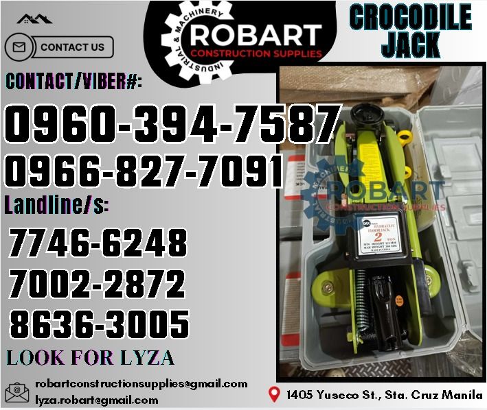 Crocodile Jack 2T (Category: Construction Tools & Equipment) located in Manila. Submitted by lyzarobart1999 (Listing ID 1327043069, Image 1). Description: Crocodile Jack Brand: Dax Capacity: 2T 𝑹𝑶𝑩𝑨𝑹𝑻 𝑪𝑶𝑵𝑺𝑻𝑹𝑼𝑪𝑻𝑰𝑶𝑵 𝑺𝑼𝑷𝑷𝑳𝑰𝑬𝑺 𝒪𝒻𝒻𝒾𝒸𝑒 𝒜𝒹𝒹𝓇𝑒𝓈𝓈: 𝟣𝟦𝟢𝟧 𝒴𝓊𝓈𝑒𝒸𝑜 𝒮𝓉. 𝒮𝓉𝒶 𝒞𝓇𝓊𝓏 𝑀𝒶𝓃𝒾𝓁𝒶 ꜱᴇɴᴅ ᴜꜱ ᴍᴇꜱꜱᴀɢᴇ ꜰᴏʀ ɪɴQᴜɪʀɪᴇꜱ ‼️ ‼️ ɢʟᴏʙᴇ: (0966-827-7091) ꜱᴍʀᴛ - (0960-394-7587) ᴠɪʙʀ - (0960-394-7587) ʟᴀɴᴅʟɪɴᴇ: 