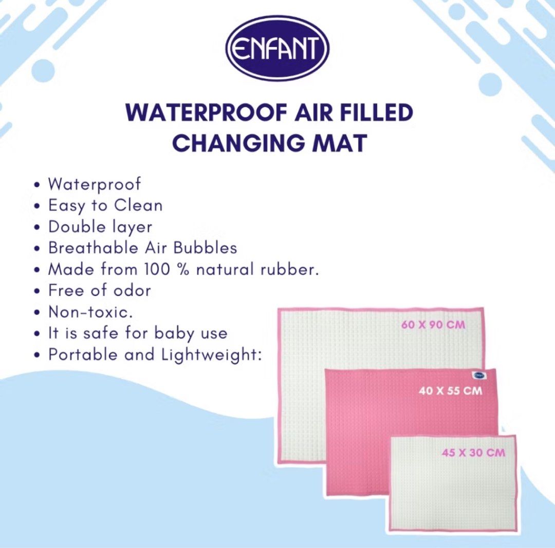 Enfant Waterproof Air-Filled Rubber Diaper Changing Mat (Category: Baby Toiletries & Grooming) located in Quezon City. Submitted by cdgextra (Listing ID 1327085849, Image 2). Description: SRP 560 Bought from Rustan’s Makati. Never been used! Only stored. Description of product in photos.