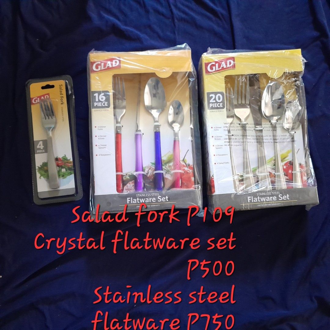 GLAD flatware set (Category: Dinnerware & Cutlery) located in San Juan City. Submitted by melody_24 (Listing ID 1327119955, Image 1). Description: Sale! 1. Glad salad fork stainless available 13 pcs P109 each 2. Glad crystal flatware set available 9 sets P500 / set 3. Glaf stainless steel flatware set available 6pcs P750 / set.