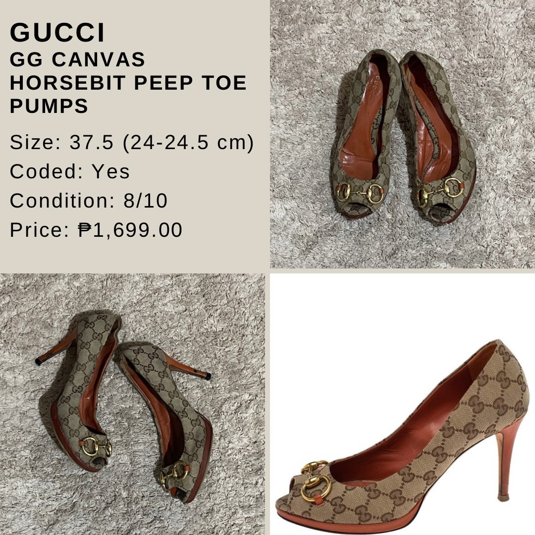 GUCCI GG CANVAS HORSEBIT PEEP TOE PUMPS