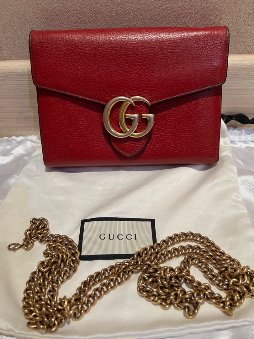 Gucci Marmont Flap Crossbody Red Grained Leather Preloved