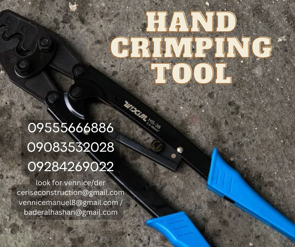 HAND CRIMPING TOOL (Category: Construction Tools & Equipment) located in Manila. Submitted by vlmhardwarevennice (Listing ID 1327094388, Image 1). Description: CERISE CONSTRUCTION SUPPLY Look for MS.VEE for inquiries, Office located at 1147ALORENZO ST ABAD SANTOS TONDO MNL satellite office at imus cavite.