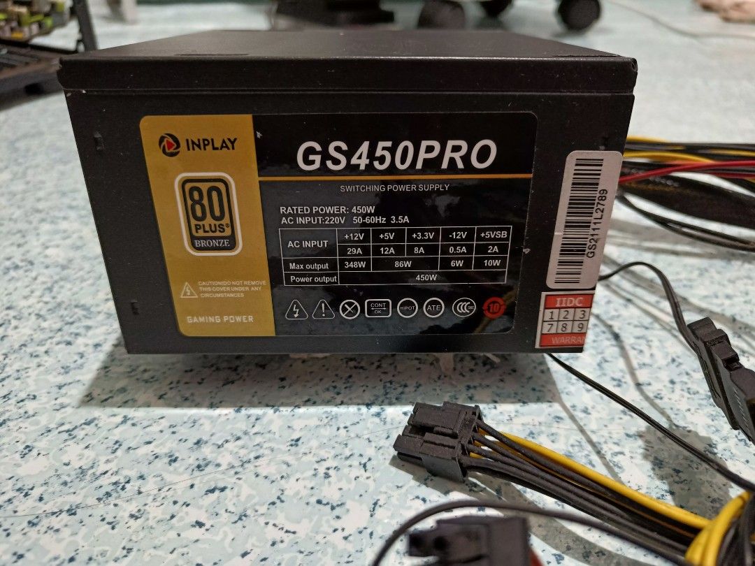 Inplay GS450 PRO 80 Plus Bronze (Category: Computer Parts) located in Manila. Submitted by mbfb_btn (Listing ID 1327140628, Image 2). Description: Power Supply RFS: Nag parts out, nagpalit ng laptop Shipping thru J&T.