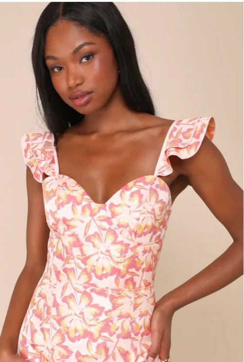 Lulus Darling Celebration Coral Pink Floral Ruffled Trumpet Midi Dress Women s Fashion Dresses Sets Dresses on Carousell