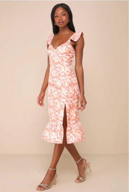 Lulus Darling Celebration Coral Pink Floral Ruffled Trumpet Midi Dress