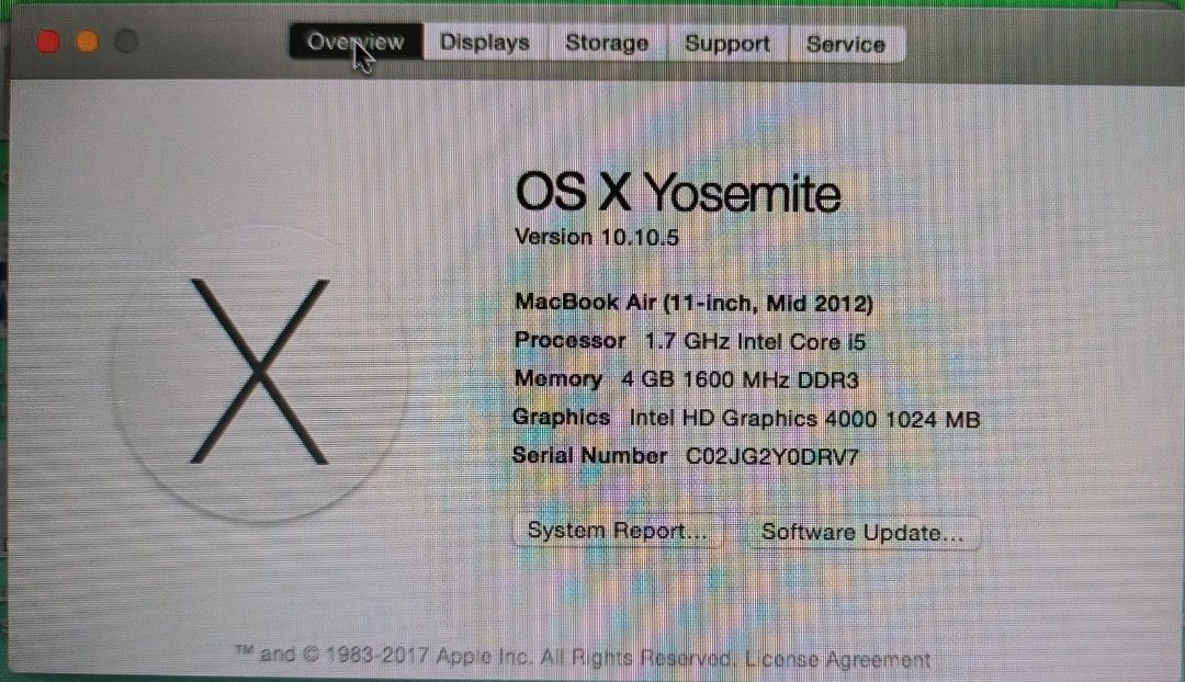 MacBook Air 11" 128GB Year 2012 Release (Category: Laptops & Notebooks) located in Pateros City. Submitted by von282 (Listing ID 1327167229, Image 2). Description: MacBook Air 11 inch 2012 model Summary of Specifications: Display: Processor: Intel 1.7Ghz Core i5 Memory: onboard DDR3 4GB 1600Mhz (still upgradable to 8GB) Storage: 128GB internal storage (still upgradable) Graphics: intel HD grapgics 4000 (1GB) OS: currently at Yosemite X 10.10.5 (u