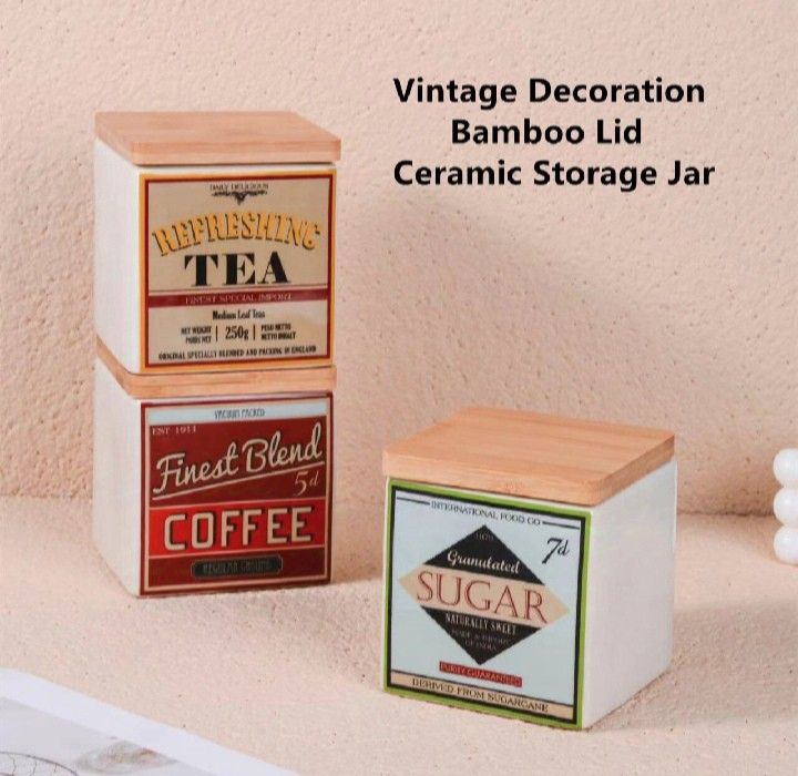 New Kitchen Storage Ceramic Coffee Sugar and Tea with Bamboo Lid. (Category: Coffee & Tea Tableware) located in Quezon City. Submitted by sirhc83 (Listing ID 1327153012, Image 1). Description: Vintage Decorations Bamboo Lid Ceramic Storage Jar.