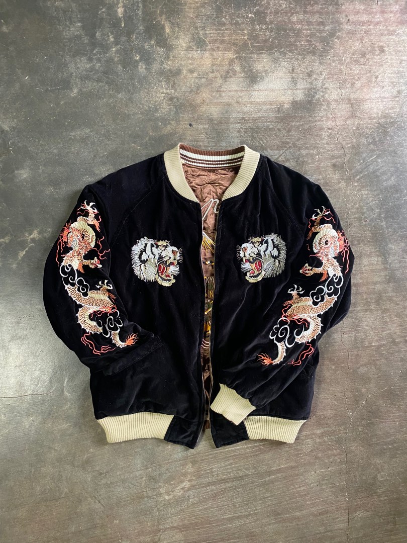 Veste Sukajan Vintage En Velours Noir - Taille L US, Style Bomber, Occasion Très Bon état