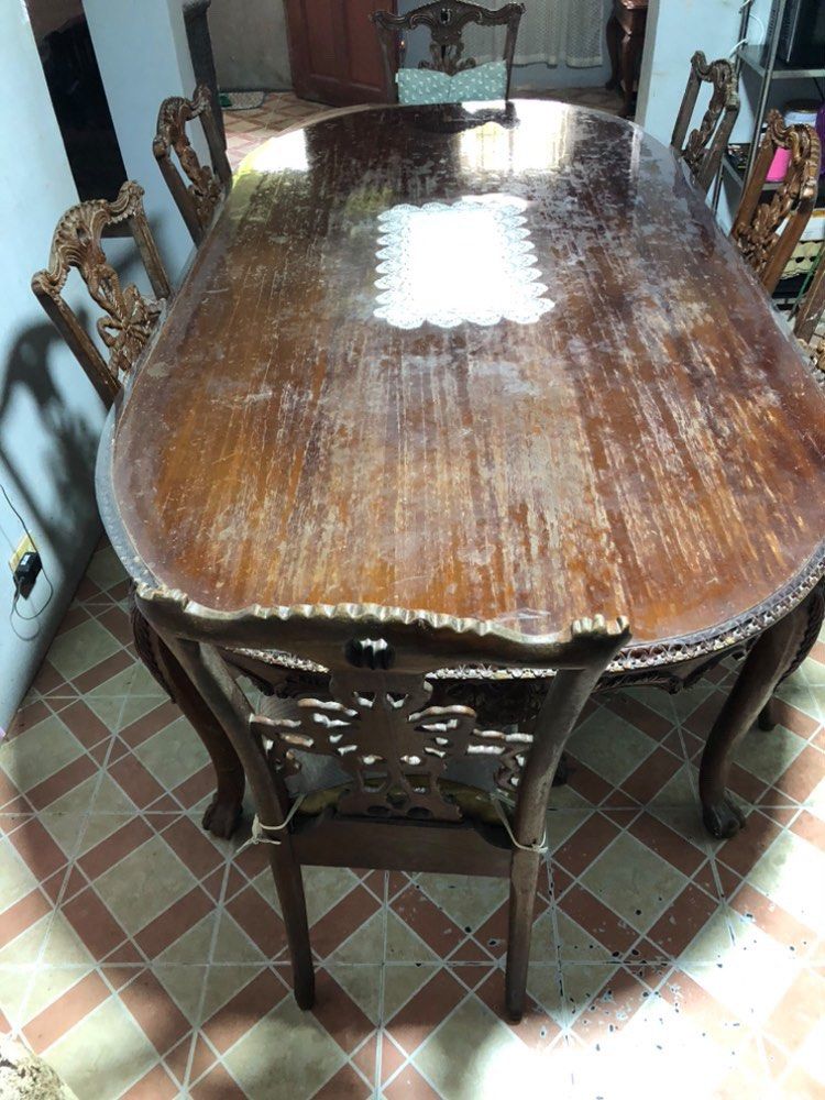 8 seater Rosewood Antique Dining Set (Category: Tables & Sets) located in Santa Rosa. Submitted by skinticket888 (Listing ID 1327281471, Image 2). Description: 8 seater Antique Dining Set Made of Rosewood (Nilagyan lang ng makapal na table plastic cover) 1987 47 years old ₱180,000 for pick up only @ Laguna Bel-Air 2 Santa Rosa Laguna Repsect. Thank you 😊.