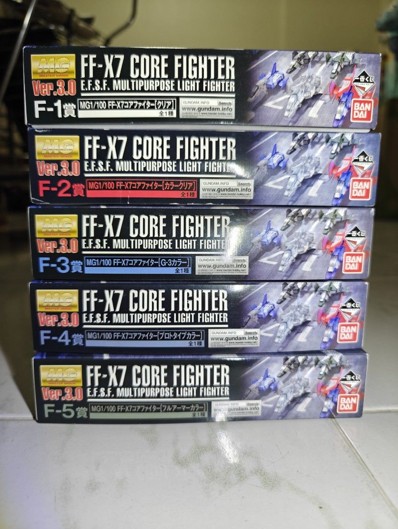 All 5 Set 1/100 MG FF-X7 Core Fighter "Ichiban KUJI Collaboration Mobile Suit Gundam Gunpla" F Award (Category: Gundam Model Kits) located in Singapore. Submitted by gs3353 (Listing ID 1327330041, Image 1). Description: *** Fixed price, no bargaining. So don't bother asking. Will not respond to lower offers and won't hesitate to block anyone. *** Buyer must collect within 3 days of offer. No reservations longer than 3 days will be accepted unless