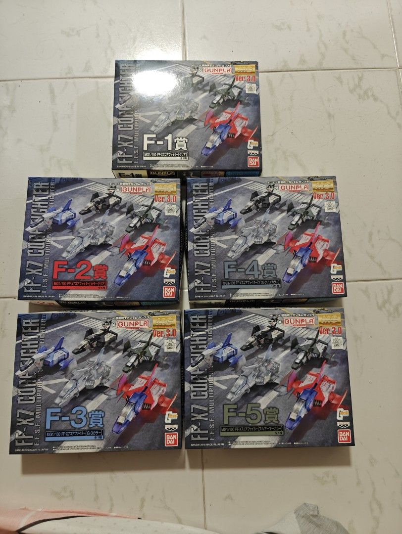 All 5 Set 1/100 MG FF-X7 Core Fighter "Ichiban KUJI Collaboration Mobile Suit Gundam Gunpla" F Award (Category: Gundam Model Kits) located in Singapore. Submitted by gs3353 (Listing ID 1327330041, Image 2). Description: *** Fixed price, no bargaining. So don't bother asking. Will not respond to lower offers and won't hesitate to block anyone. *** Buyer must collect within 3 days of offer. No reservations longer than 3 days will be accepted unless