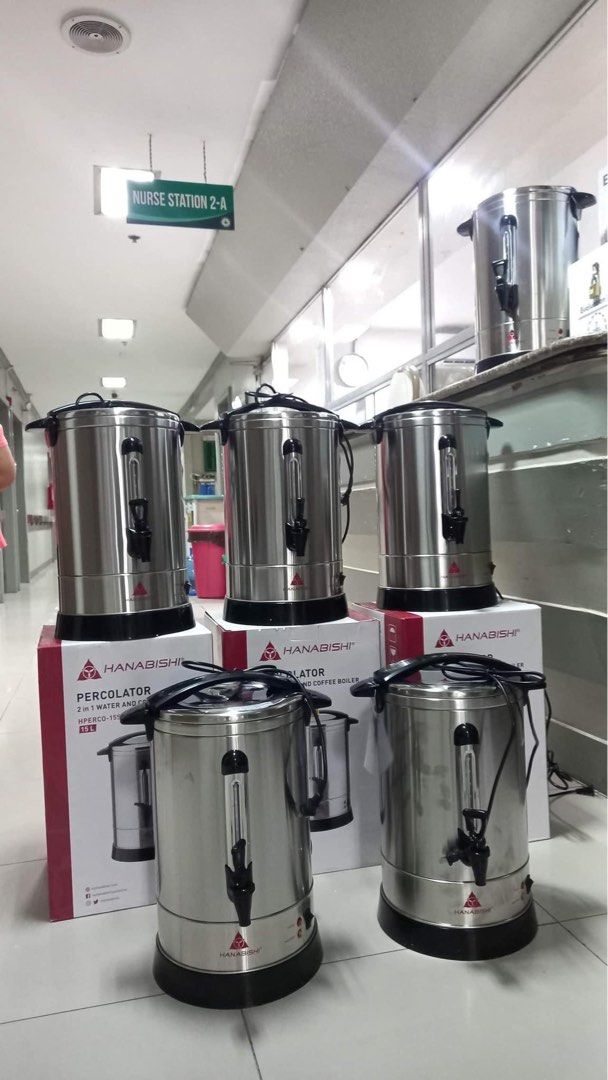 Hanabishi Percolator HPERCO15SS (Category: Kettles & Airpots) located in Manila. Submitted by kisshadg23 (Listing ID 1327244730, Image 2). Description: Description 15-liter capacity (100 cups) Double wall stainless steel insulation Anti-drip dispenser Coffee strainer Warm and boil indicator with thermostat Tempered glass water gauge Heat resistant handles Thermally protected With water level indicator With reset button function Rustproof cylinder