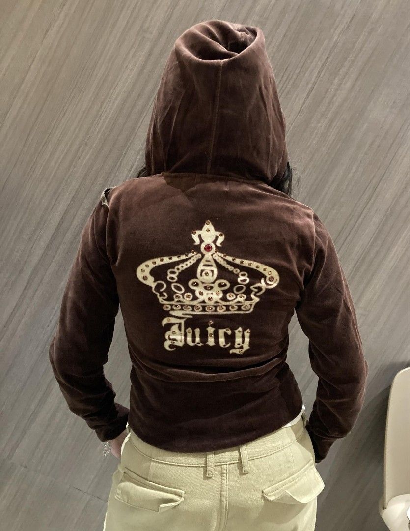Juicy couture velour jacket juicy couture brown hoodie with crown print on the back juicy couture rhinestoned hoodie jacket juicy couture y2k