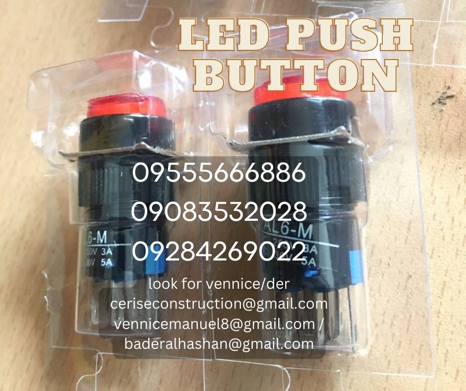LED PUSH BUTTON (Category: Construction Tools & Equipment) located in Manila. Submitted by vlmhardwarevennice (Listing ID 1327294579, Image 1). Description: CERISE CONSTRUCTION SUPPLY Look for MS.VEE for inquiries, Office located at 1147ALORENZO ST ABAD SANTOS TONDO MNL satellite office at imus cavite.