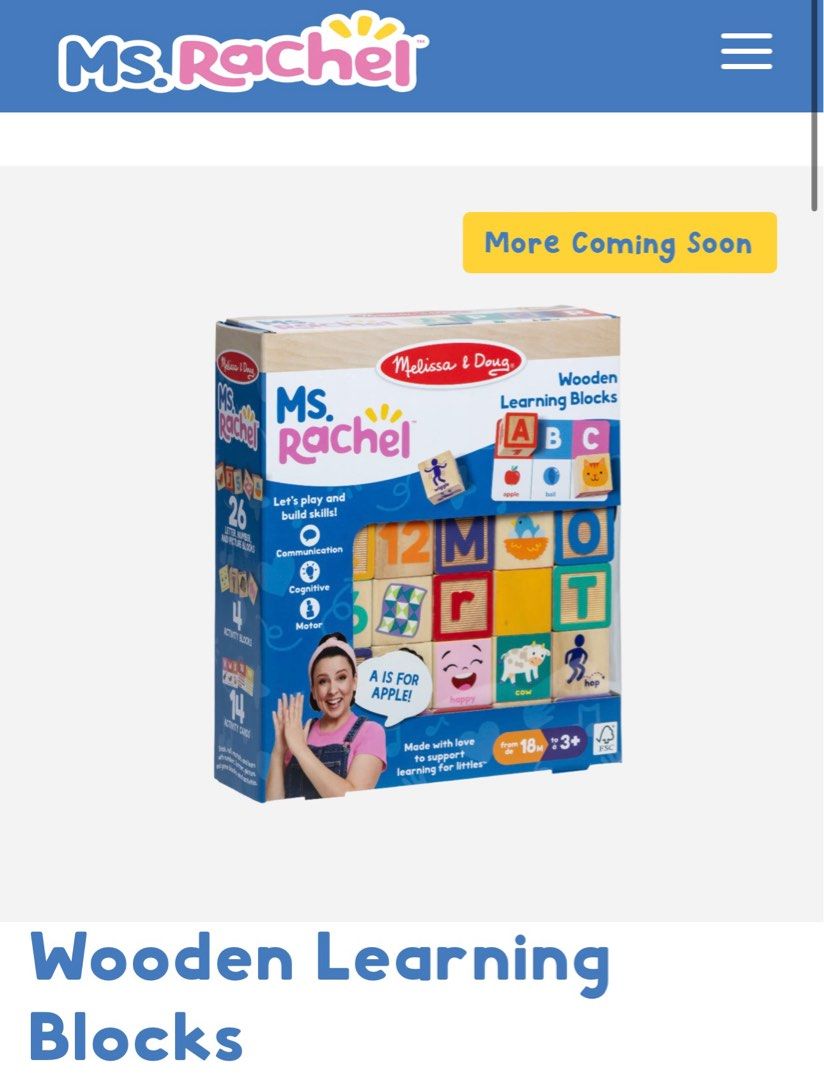 (Onhand) Ms. Rachel Wooden Learning Blocks (original) (Category: Educational & Learning Toys) located in Mandaluyong City. Submitted by pa3cia_jade (Listing ID 1327263918, Image 3). Description: Brand new. Original. Limited availability. For preorder, arriving by December 23: • Speak and Sing 16” Doll (₱3,300) Available onhand: • Cuddle and Comfort 11” Doll (₱2,000) • Wooden Learning Blocks (₱2,200) • Wooden Song Puzzle (₱2,000) • Ms. Rachel and 