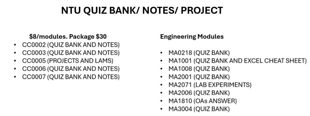 NTU MODULES (Category: Everything Else) located in Singapore. Submitted by rtinycell (Listing ID 1327353586, Image 1). Description: Engineering mods, $10.
