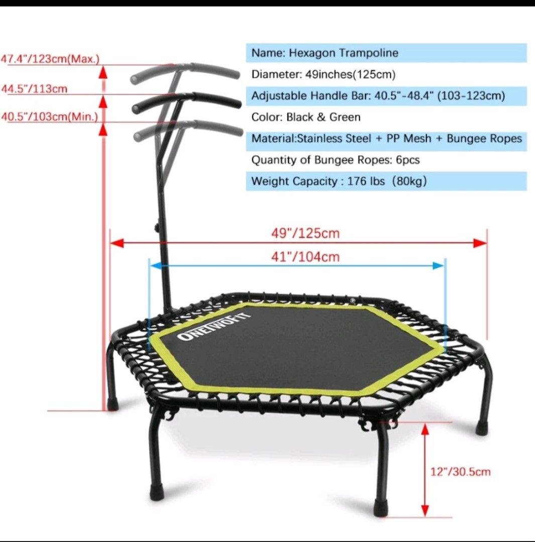 OneTwoFit 1.25m Trampoline Adjustable Handlebar Sports Equipment Exercise Fitness Cardio Fitness Machines on Carousell