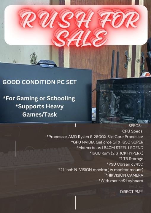 PC PARTS/SET (Category: Desktops) located in Dasmarinas. Submitted by jaydeeasia23027 (Listing ID 1327374107, Image 1). Description: 25k *Processor AMD Ryzen 5 2600X Six-Core Processor *GPU NVIDIA GeForce GTX 1650 SUPER *Motherboard B40M STEEL LEGEND *16GB Ram (2 STICK HYPERX) *1TB Storage *PSU Corsair cv450 *21’ inch N-VISION monitor( w monitor mount) *HIKVISION CAMERA *With mouse & keyboard.