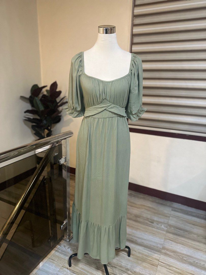 S-2XL Shein Premium Puff Sleeves Ruffles Maxi Sage Green Dress Maxi Dress  Bustier Dress Modest Dress Long Dress Green Dress Flowy Dress Vintage Dress  Church Dress, Women's Fashion, Dresses & Sets, Dresses
